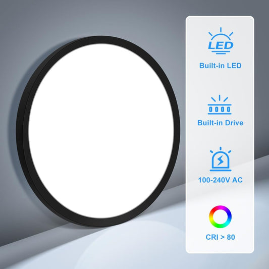 12inch LED Ceiling Light Flush Mount, 5000K Daylight White, 24W Flat Black Ceiling Lamp, Round Low Profile Ceiling Lights for Bedroom, Kitchen, Living Room