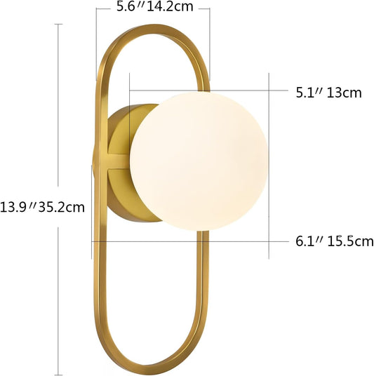 Mid Century Wall Sconces Modern Gold Vanity Wall Lamp with White Globe Lampshade Wall Light Fixture for Bathroom Bedroom Living Room Set of 2
