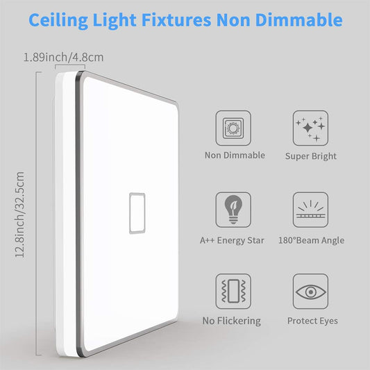 LED Ceiling Light Fixtures Flush Mount 12.8inch 24W Bright White Square LED Ceiling Lamp 5000K, 2050LM Daylight Waterproof Bathroom Ceiling Light for Kitchen Hallway Porch Living Room Bedroom