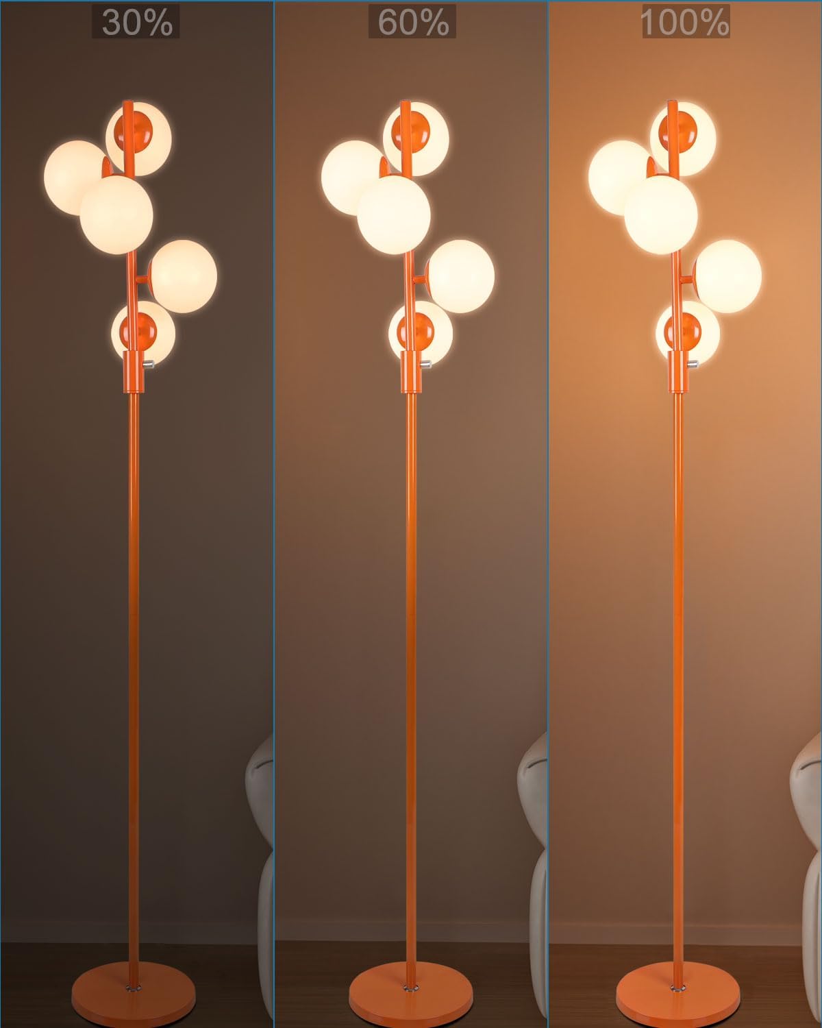 Dimmable (Brightness Adjustable) Globe Floor Lamp, Orange Pole Retro Standing Lamps with 5x3000K G9 Bulbs Included, Mid Century Modern Floor Lamp for Living Room