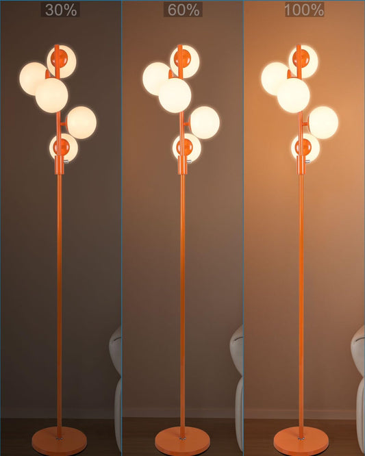 Dimmable (Brightness Adjustable) Globe Floor Lamp, Orange Pole Retro Standing Lamps with 5x3000K G9 Bulbs Included, Mid Century Modern Floor Lamp for Living Room