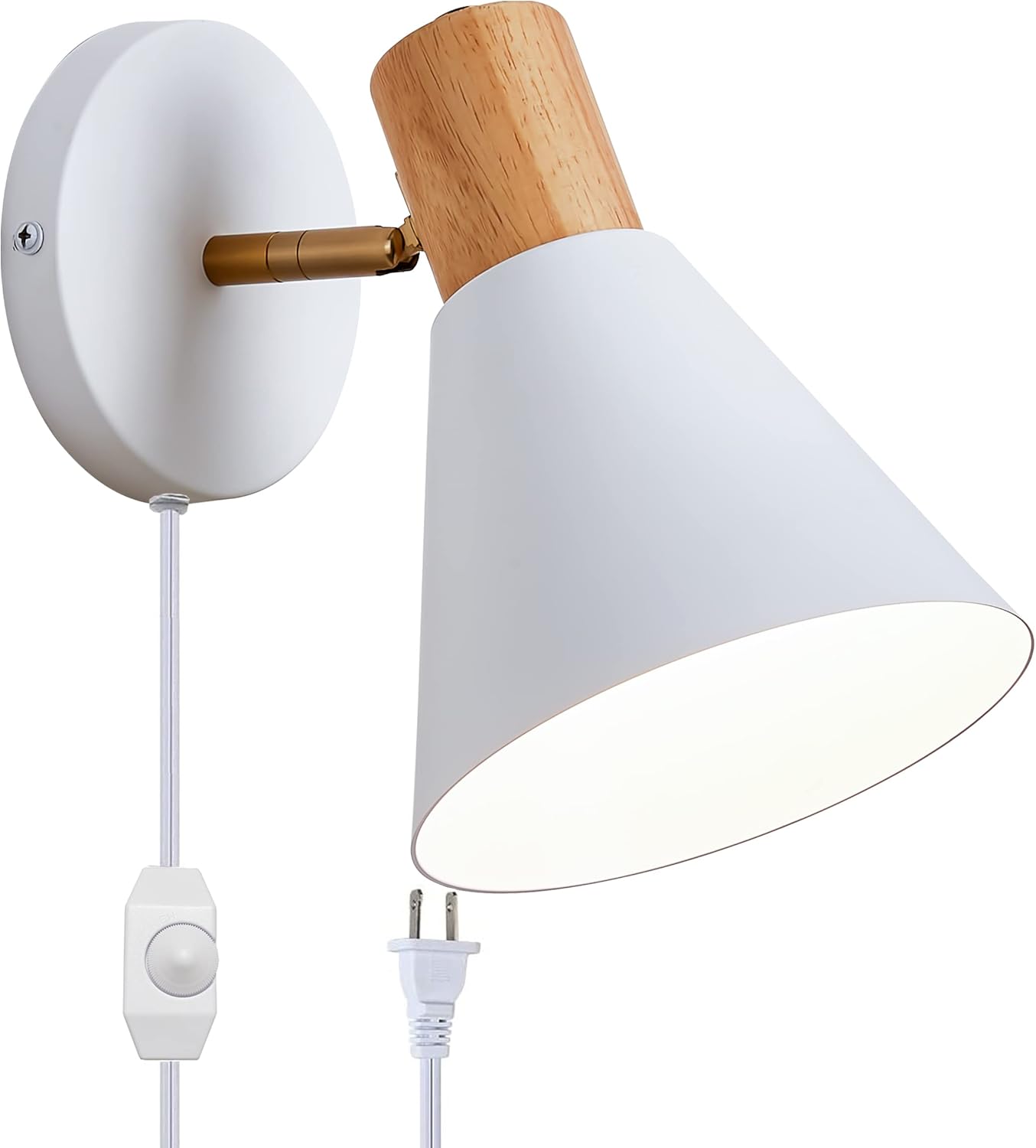 Plug in Wall Sconces Lighting for Bedroom, White Dimmable Wood Style Wall Sconce Reading Lamp, Adjustable Wall Light for Bedroom Hallway Living Room (White-Plug in, 1)