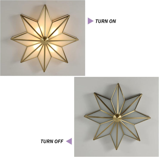Brass Flush Mount Ceiling Light Star Shaped Lighting Fixture 4 Lights Bedroom Ceiling lamp with Glass Shade (Bulb Included)