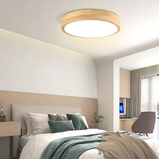 Led Ceiling Light Flush Mount: 12 Inch 24W Wood Bedroom Light Fixture with Round Modern Flat Overhead Minimalist Ceiling Lamps for Kitchen Hallway Laundry Natural White 4500K, Not Dimmable