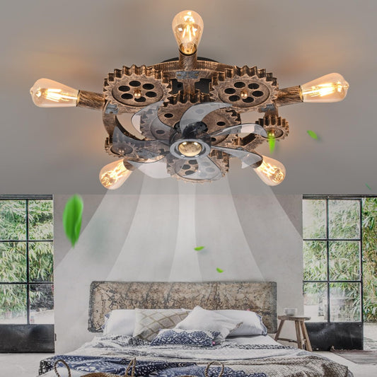 20" Retro Industrial Steampunk Ceiling Fans with Lights and Remote,Low Profile Flush Mount Bladeless Ceiling Fan with Light,Nautical Style 6 Speeds for Bedroom Kitchen Island Bar Cafe