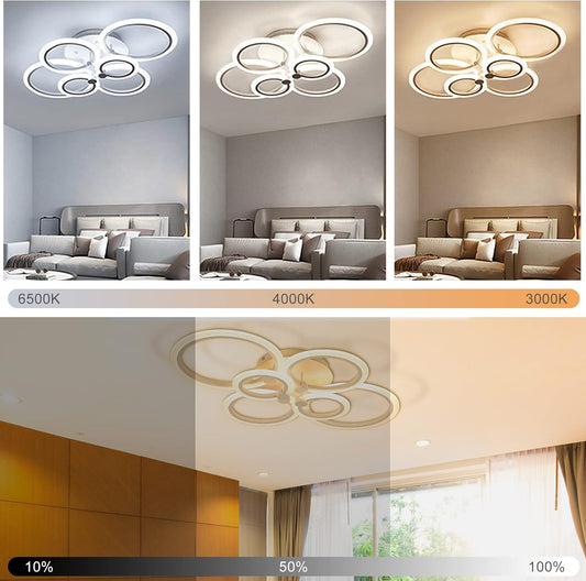 Modern Ceiling Lights- Dimmable LED Ceiling Lamps 31.4" Flush Mount LED Chandelier Lighting Fixture White 6 Rings Light for Living Kitchen Dining Room, Bedroom 3000/4000/6500K with Remote