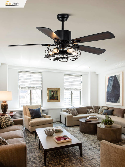 52" Industrial Ceiling Fan Farmhouse Caged Chandelier Fan with Light Remote Vintage Rustic Indoor Fandelier with Silent Motor for Dining Living Room Bedroom Porch Outdoor (Coffee)