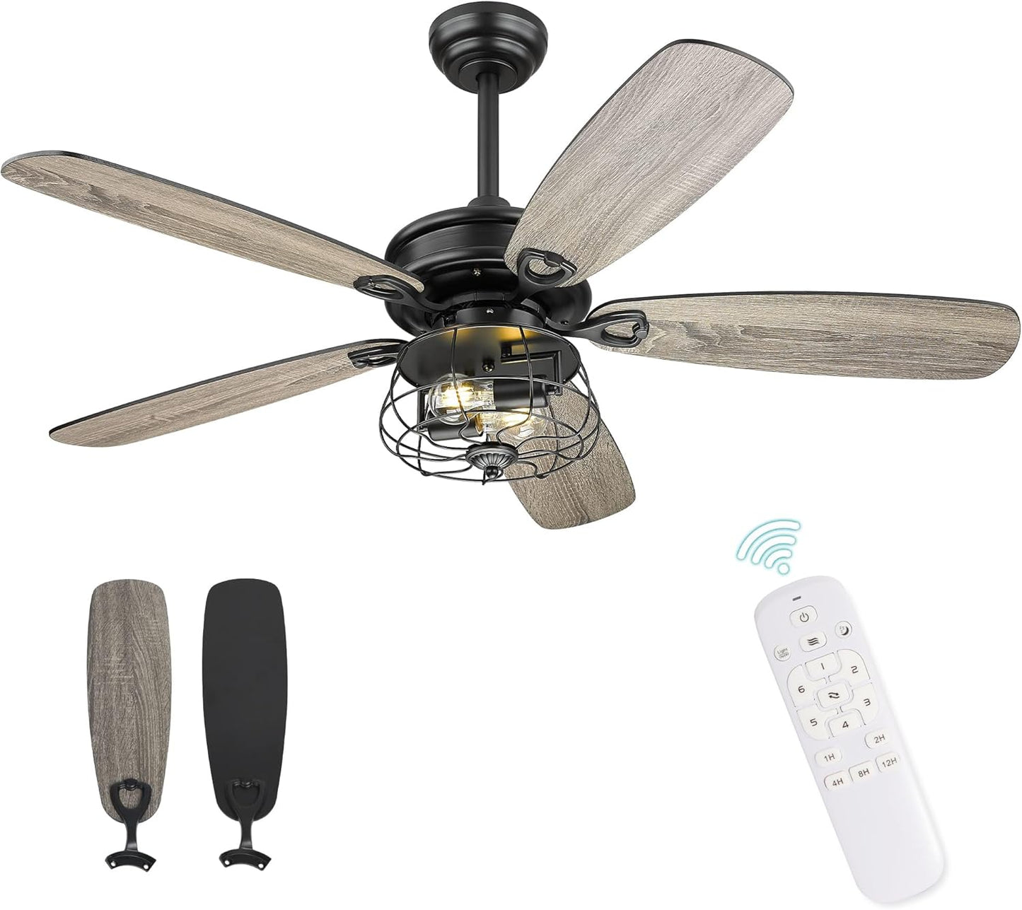 Farmhouse Ceiling Fans, 52 Inch Ceiling Fans with Lights and Remote Control, Rustic Barnwood Blades, Industrial Cage Light, Matte Black (MK03-BK)