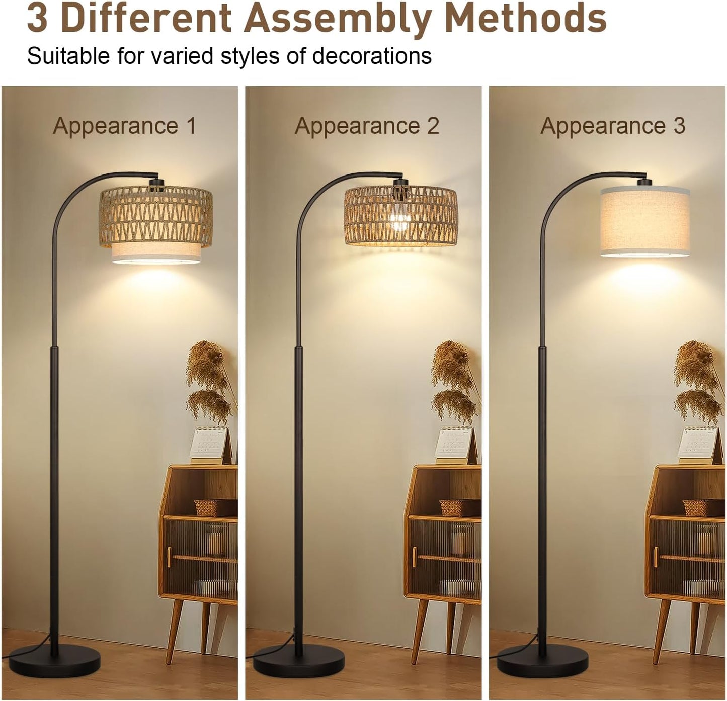 Arc Floor Lamp Black, Boho Floor Lamps for Living Room, Dimmable Standing Tall Lamps with Rattan Fabric Shade, Modern Floor Lamp Farmhouse Bohemian Light for Bedroom, Office, 9W LED Bulb Included