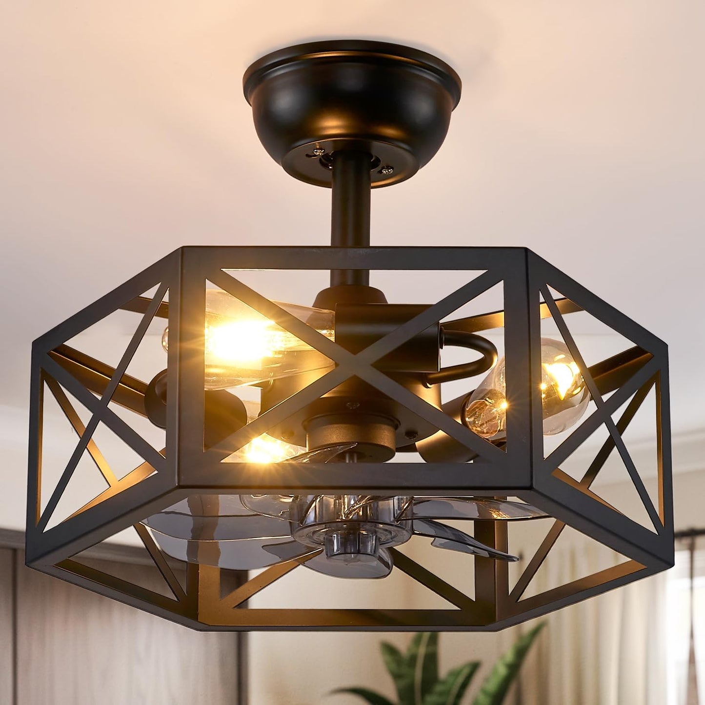 Black Ceiling Fans with Lights and Remote, Industrial Fandelier Ceiling Fan with Light for Bedroom, Farmhouse Bedroom Ceiling Fan with Light with Black Cage for Kitchen,Living Room