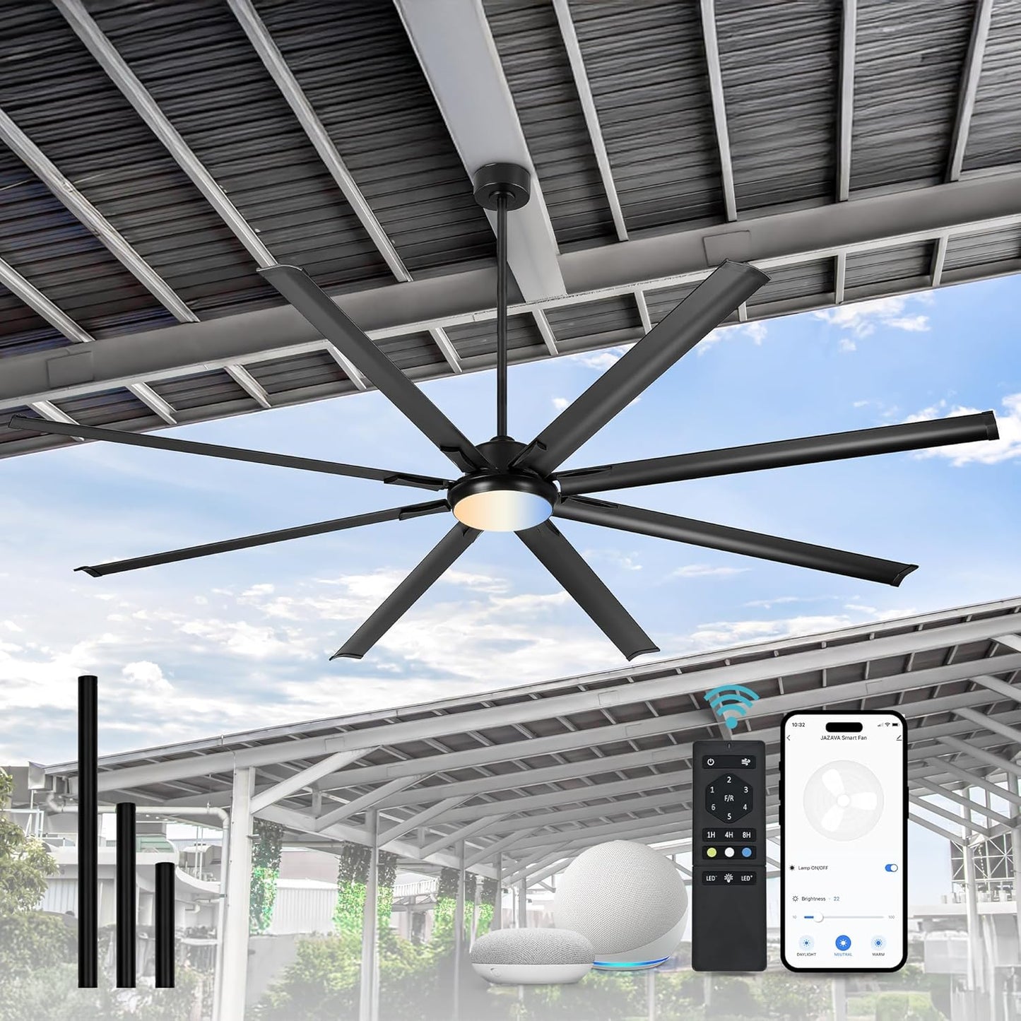96-Inch Industrial Ceiling Fan with Lights and Remote - Extra Large Indoor Fan with 8 Aluminium Blades,Smart Fan Works with Voice Control,Model: