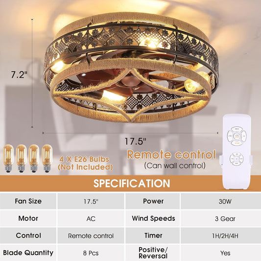 18” Low Profile Boho Nylon Cage Ceiling Fans with Lights and Remote, Black Flush Mount Ceiling Fan, Small Farmhouse Ceiling Fan Lamp Lighting Fixture for Bedroom, Reversible(Bulbs not included)