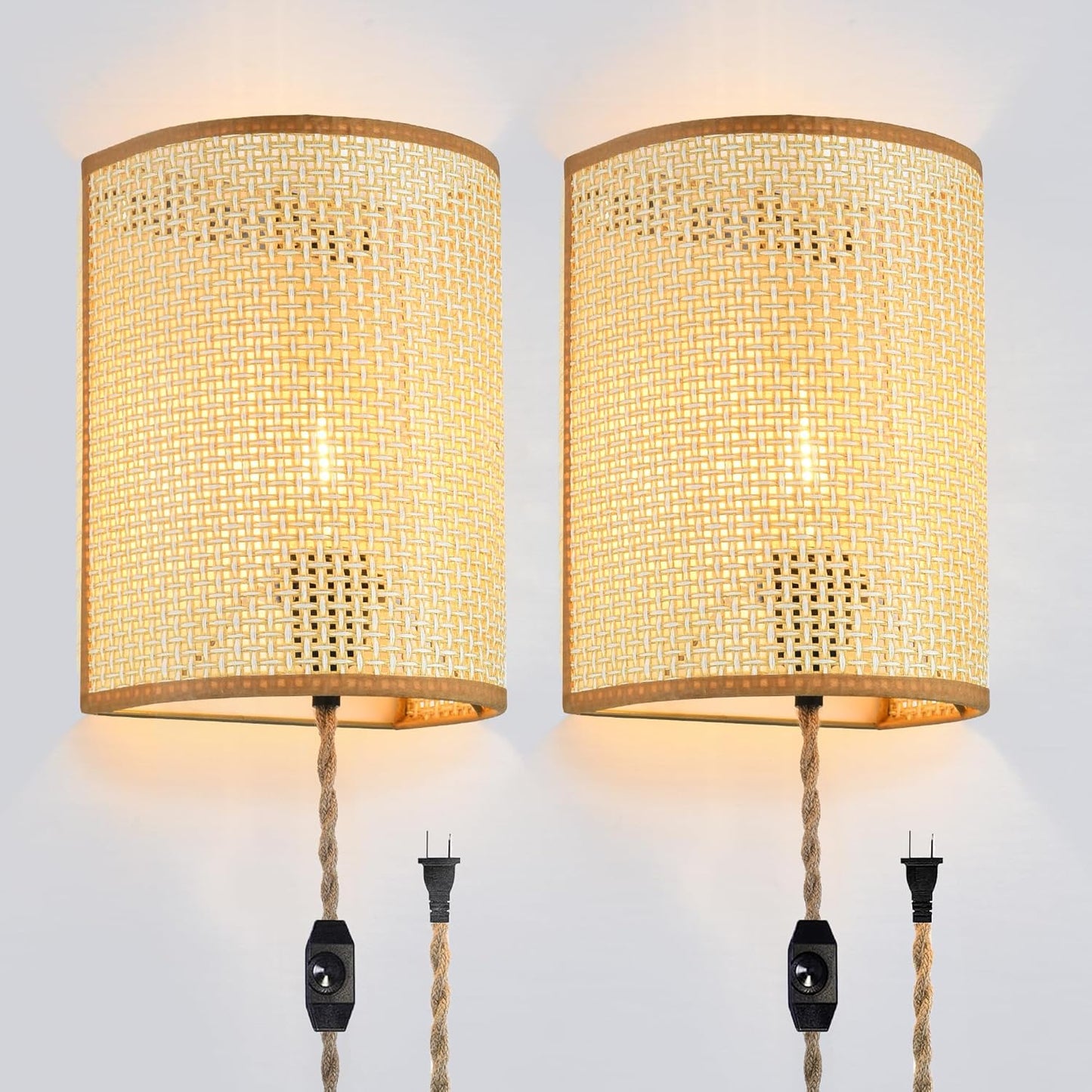Wall Sconces Set of Two,Plug in Wall Sconces,Rattan Lampshade,Wall Lamp with Plug in Cord and Dimmable Switch,Rustic Sconces Wall Lights Fixtures for Bedroom Living Room Hallway