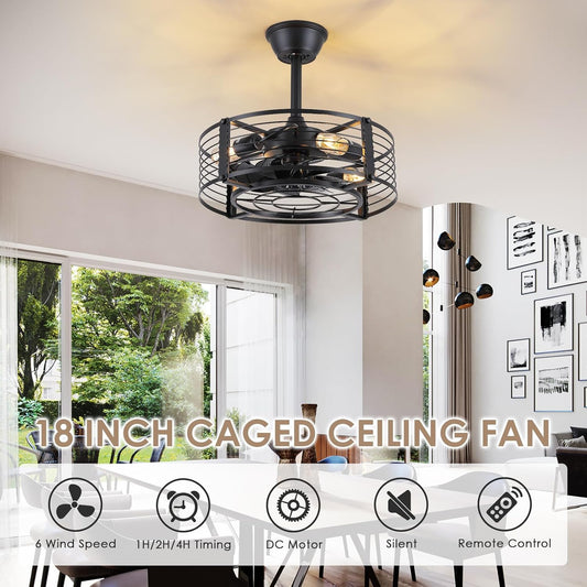 Caged Ceiling Fan with Light, 18 Inch Black Fandelier Ceiling Fans for Kitchen Bedroom Outdoor, Remote Control, Reversible