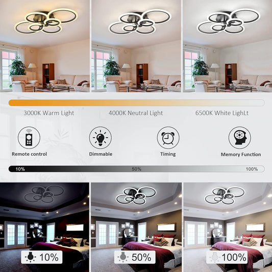 Modern Ceiling Light Fixture: Dimmable LED Flush Mount Ceiling Lamp - Black 31.4" Kitchen Ceiling Lights,6Rings Lighting Fixtures for Bedroom, Dining Living Room,Colors Change with Remote