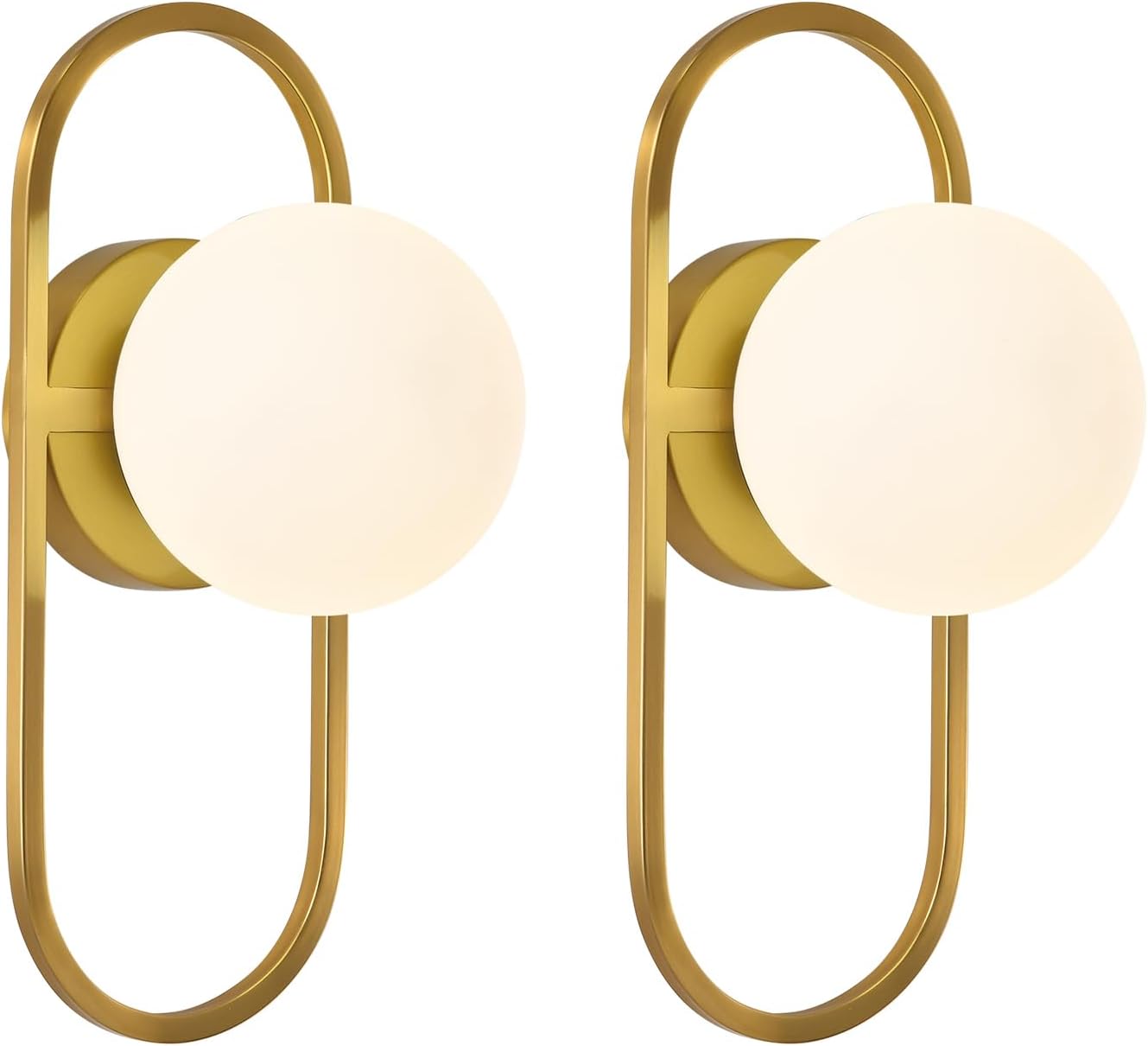 Mid Century Wall Sconces Modern Gold Vanity Wall Lamp with White Globe Lampshade Wall Light Fixture for Bathroom Bedroom Living Room Set of 2