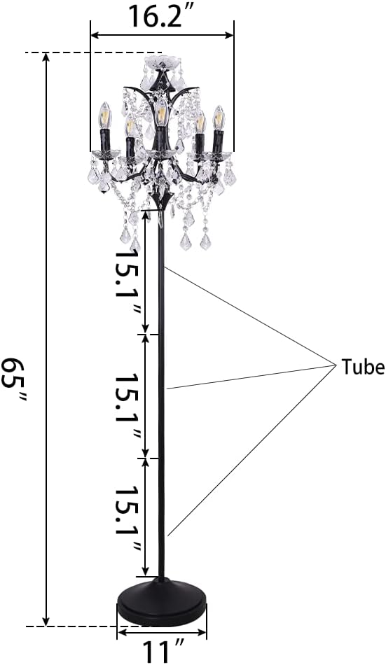 5-Light Farmhouse Tranditional Crystal Floor Lamp, Black Craft Candelabra Lighting Fixture 65'' Tall for Living Room, Dining Room, Entryway, Bedroom