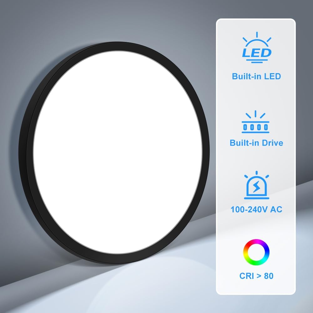 12inch LED Ceiling Light Flush Mount, 5000K Daylight White, 24W Flat Black Ceiling Lamp, Round Low Profile Ceiling Lights for Bedroom, Kitchen, Living Room