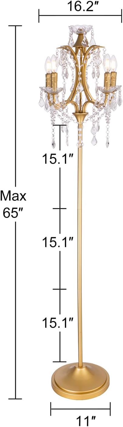 5-Light Farmhouse Tranditional Crystal Floor Lamp, Gold Craft Candelabra Lighting Fixture 65'' Tall for Living Room, Dining Room, Entryway, Bedroom