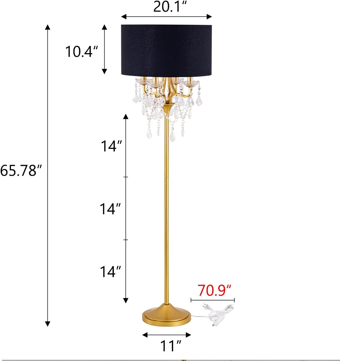 Drum Shade Gold Crystal Floor Lamp, 6 Light Black Gold Shade Floor Lamp, Candle Base Floor Lamp, for Living Room, Bedroom, Reading Room, Hallway, Corridor