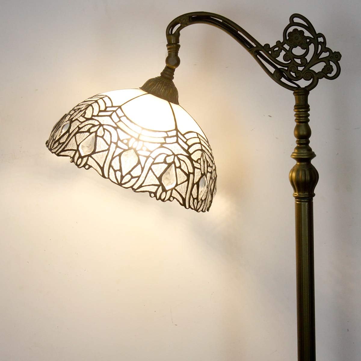 Tiffany Floor Lamp White Crystal Bent Stained Glass Arched Lamp 12X18X64 Inches Gooseneck Adjustable Corner Standing Reading Light Decor Bedroom Living Room  Series