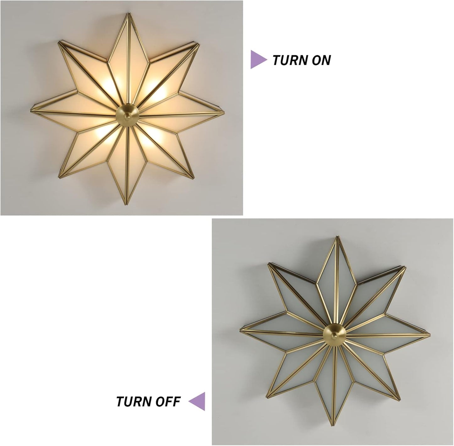 Brass Flush Mount Ceiling Light Star Shaped Lighting Fixture 4 Lights Bedroom Ceiling lamp with Glass Shade (Bulb Included)