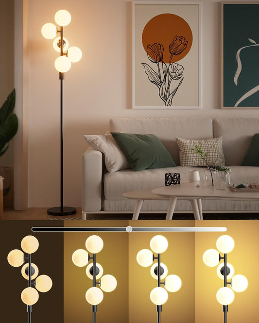 Dimmable (Brightness Adjustable) Globe Floor Lamp, Black Retro Standing Lamps with 5x3000K G9 Bulbs Included, Mid Century Modern Floor Lamp for Living Room