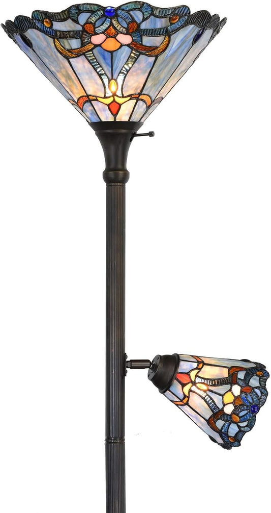 L10686 Baroque Tiffany Style Stained Glass  Floor Lamp with Sidelight for Reading Home Decor, 71-inch Tall