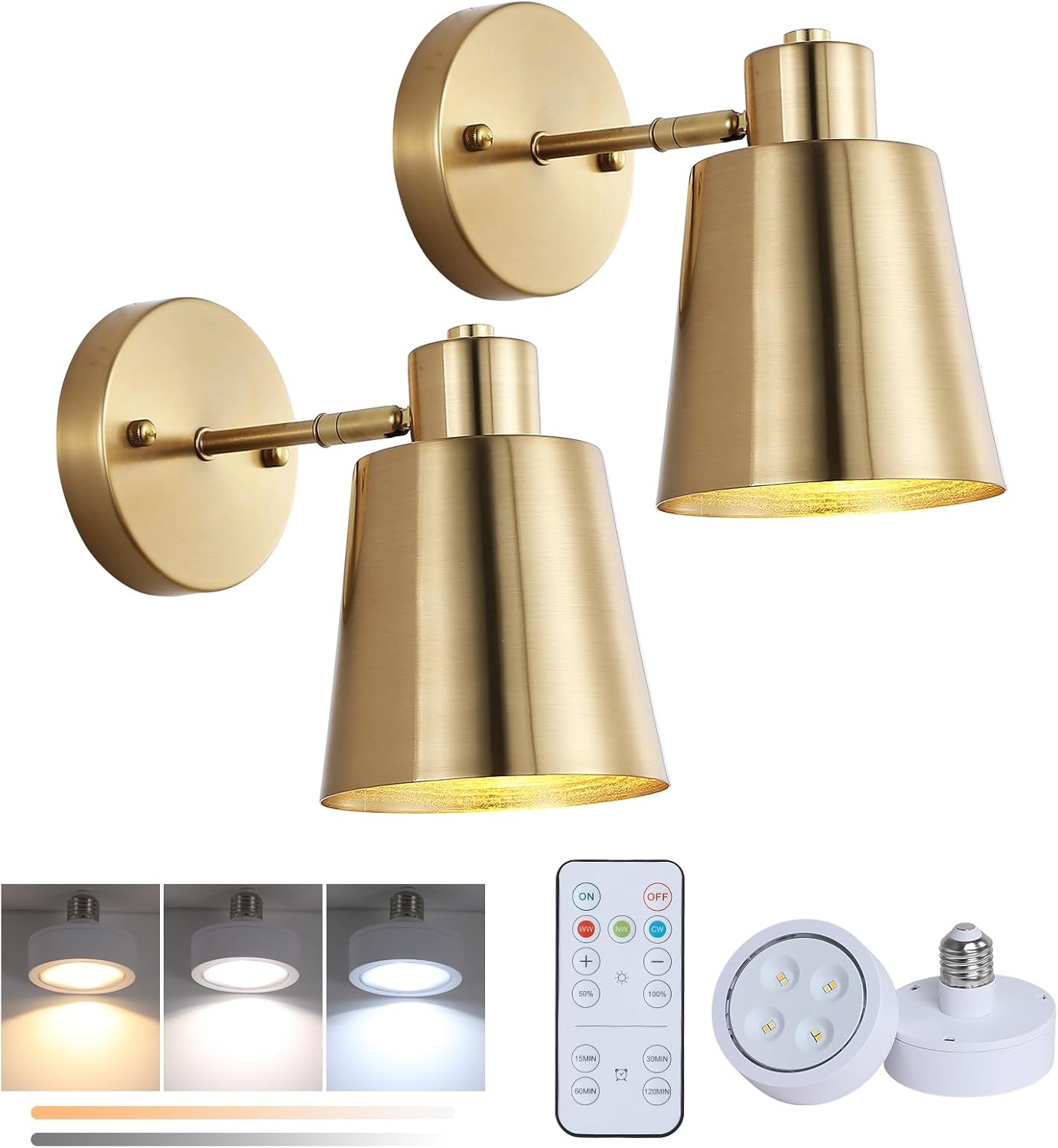 Battery Operated Wall Sconce Set of Two,Gold Modern with Remote Control Dimmable Wall Lighting Indoor, Not Hardwired Led Wall Lamp Fixtures for Bedroom, Bulb Included