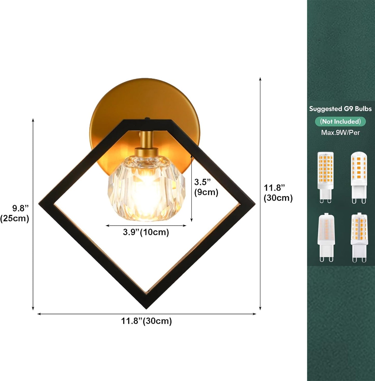 Crystal Wall Sconce Lighting Set of 2, 1-Light K9 Crystal Gold&Black Modern Vanity Lights Wall Lamp, Bathroom Light Fixtures for Mirror Kitchen Living Room Bedroom Hallway Cabinet Porch