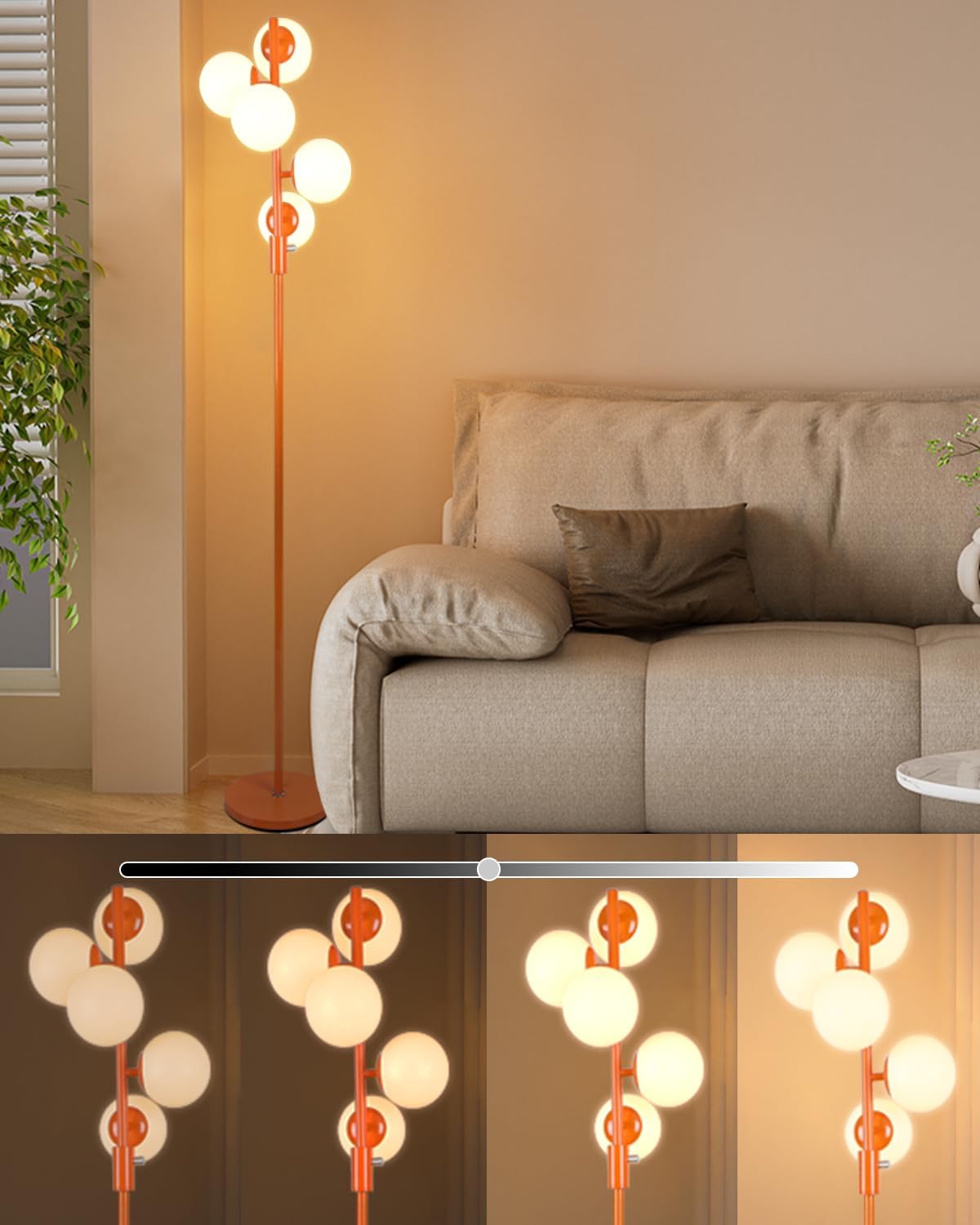 Dimmable (Brightness Adjustable) Globe Floor Lamp, Orange Pole Retro Standing Lamps with 5x3000K G9 Bulbs Included, Mid Century Modern Floor Lamp for Living Room