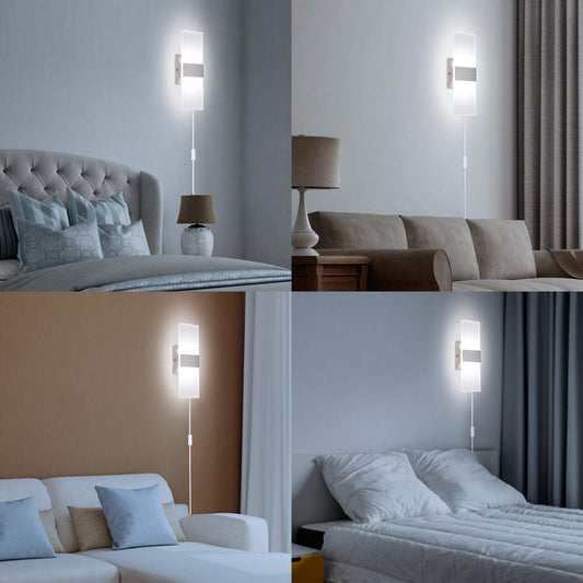Wall Sconce Plug in, Modern Wall Sconce 12W Wall Mounted Light 6000K Cool White Acrylic LED Wall Lights with 6FT Plug in Cord and On/Off Switch on The Cord(1 Pack, Silver)