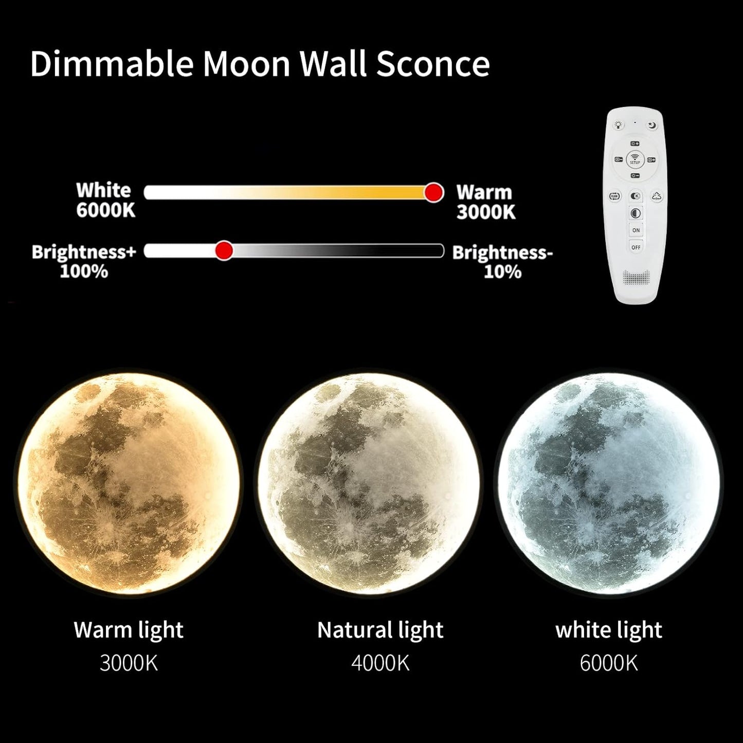 Dimmable Moon Wall Sconce Plug in Modern LED Wall Light with Remote Control 9.5inch 15W Black Wall Lamp Indoor Wall Mounted Lighting Ceiling Light Fixture for Living Room Bedroom