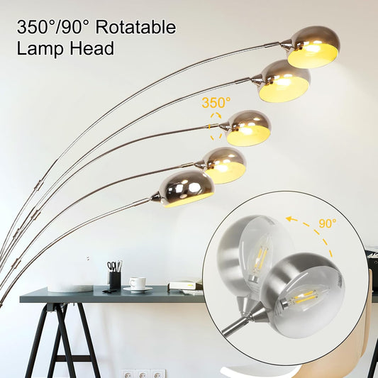 5-Light Arc Floor Lamp, 86.6" Chrome Floor Lamps for Living Room, Multi-Head LED Standing Tall Lamp with Adjustable Arms, Modern Tree Floor Lamp for Bedroom, Study, Office, E12 Bulbs Included