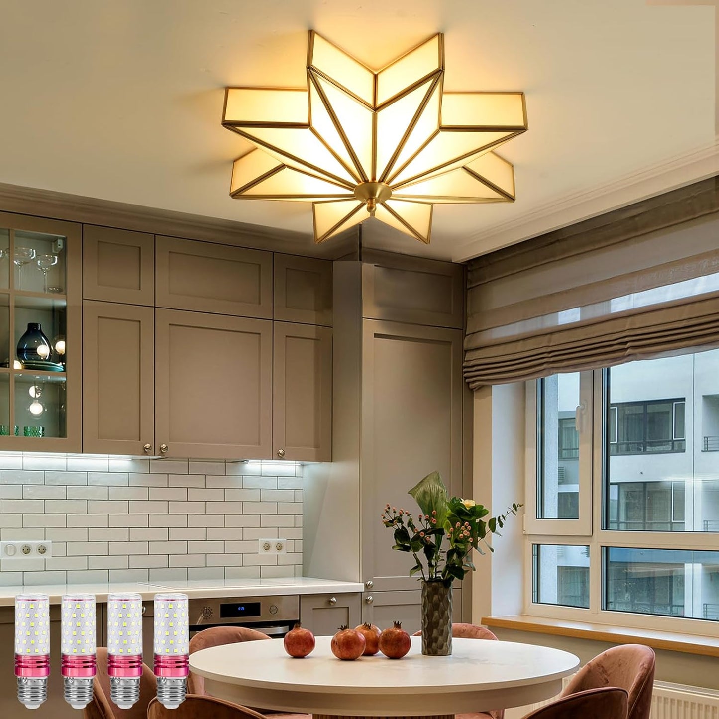 Brass Flush Mount Ceiling Light Star Shaped Lighting Fixture 4 Lights Bedroom Ceiling lamp with Glass Shade (Bulb Included)