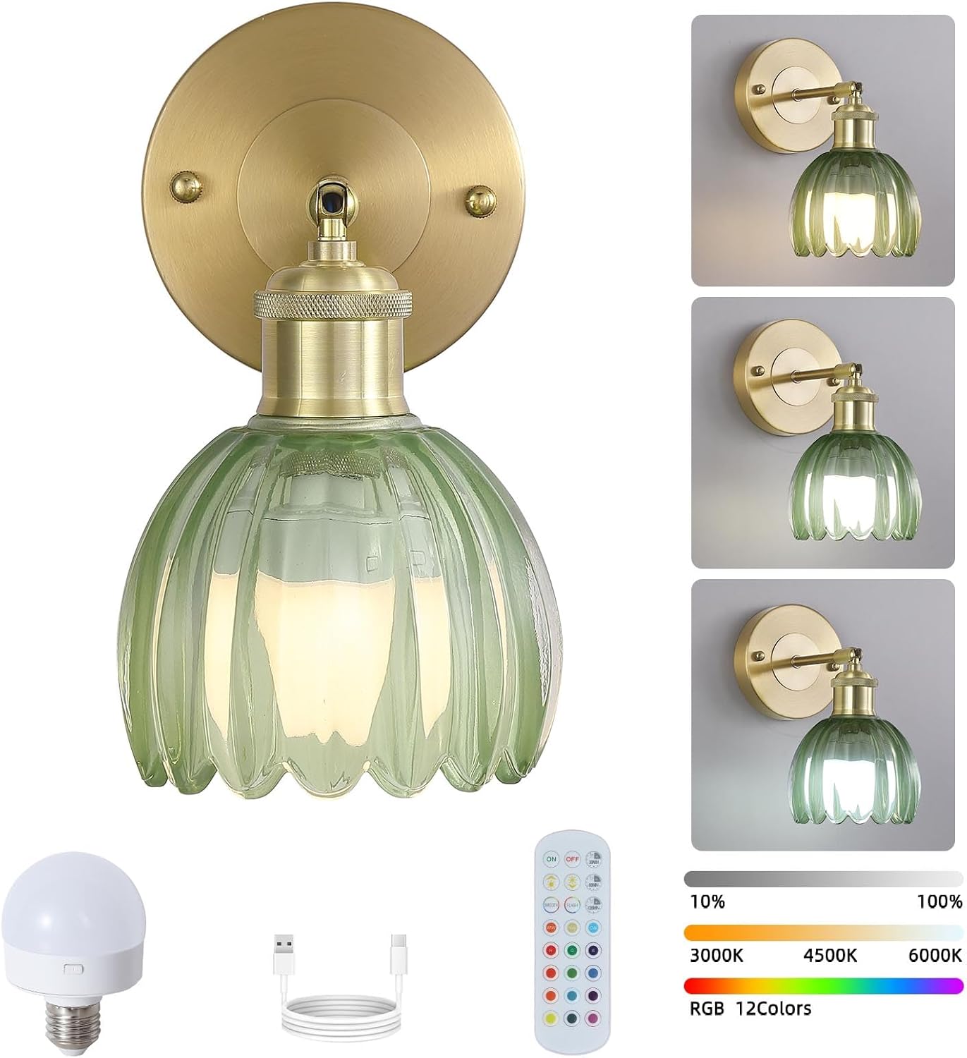 Vintage Battery Operated Wireless Wall Sconces, Rechargeable Gold Wall Lights, Green Tulip Glass Lampshad With Remote Dimmable Wall Lighting Indoor, Led Wall Lamp Fixtures For Bedroom, Living Room
