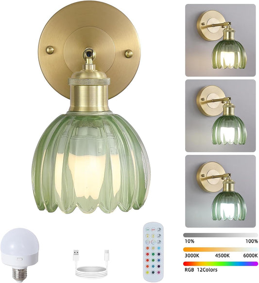 Vintage Battery Operated Wireless Wall Sconces, Rechargeable Gold Wall Lights, Green Tulip Glass Lampshad With Remote Dimmable Wall Lighting Indoor, Led Wall Lamp Fixtures For Bedroom, Living Room