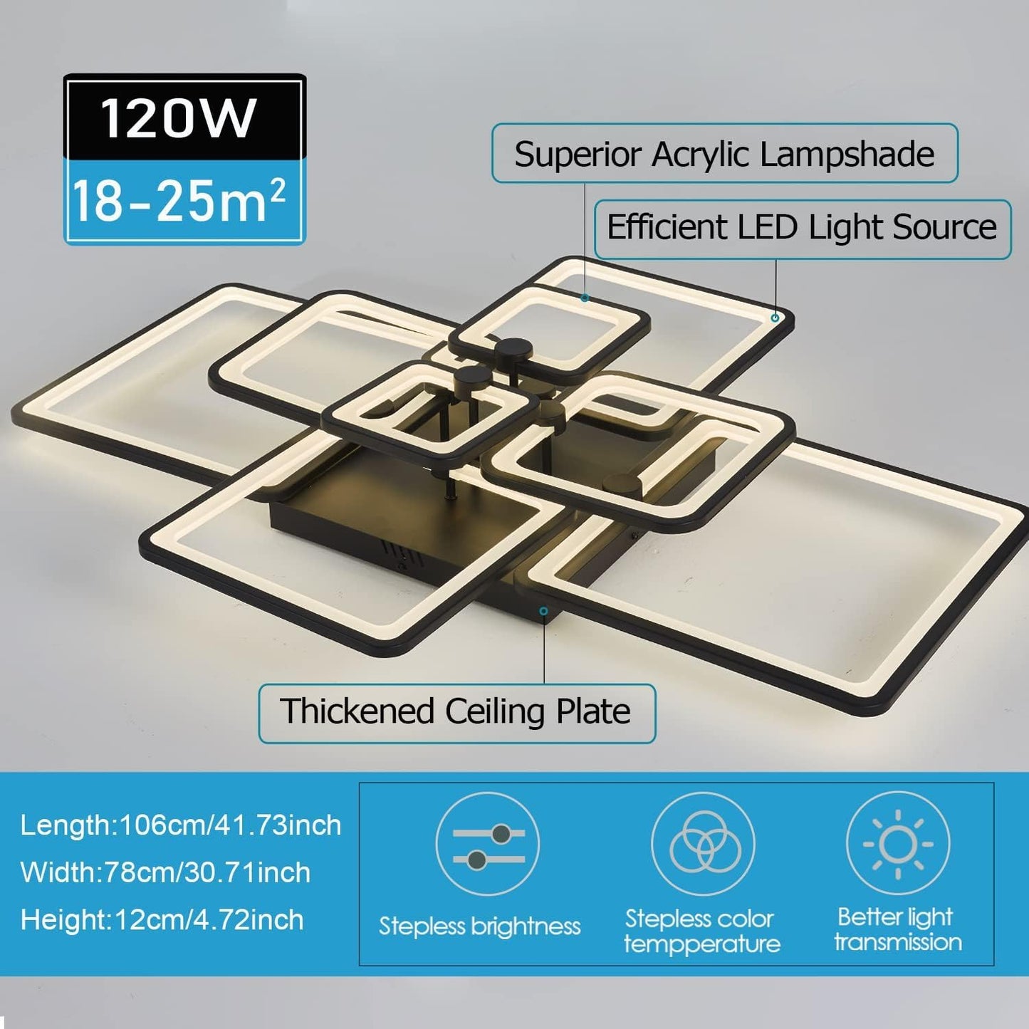 Modern Led Ceiling Light for Living Room,dimmable Ceiling Light Fixture with Remote,Black Flush Mount Ceiling Light,120W Ceiling Lamps,41.7″Ceiling Lighting,Big Ceiling led.