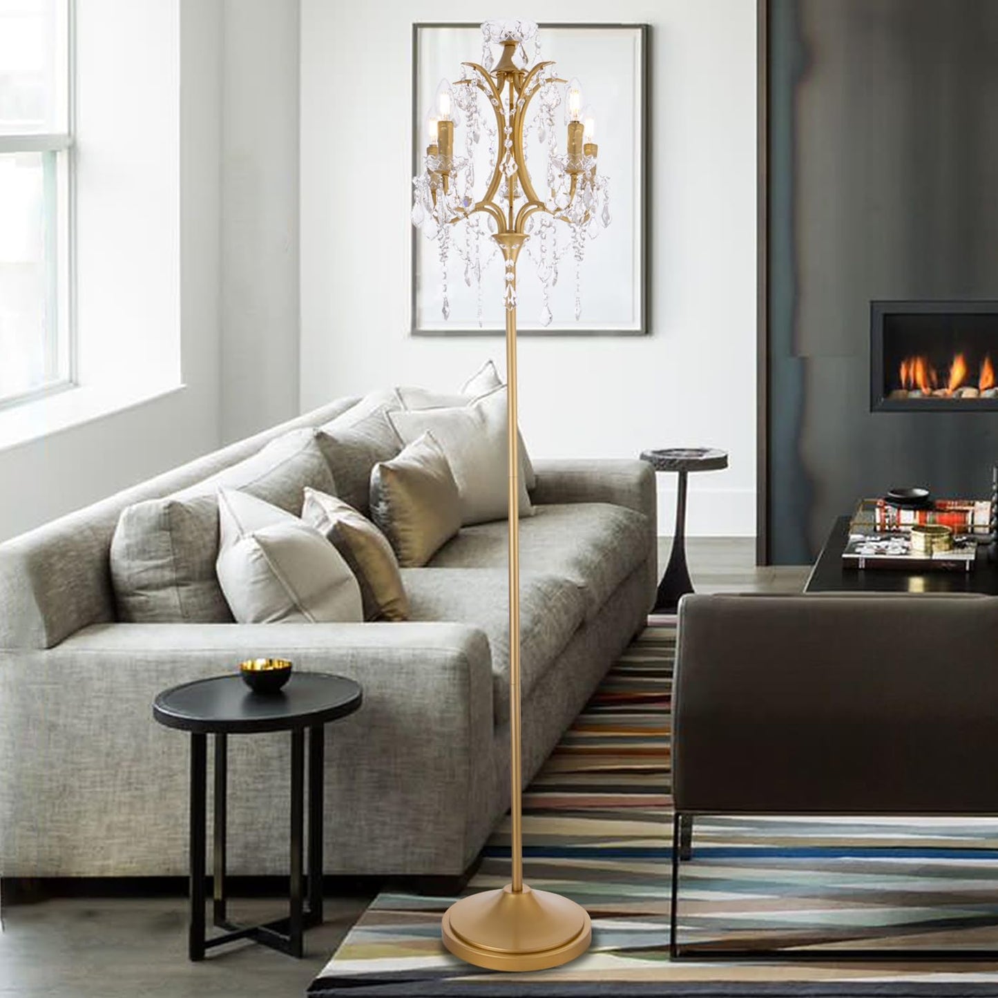 5-Light Farmhouse Tranditional Crystal Floor Lamp, Gold Craft Candelabra Lighting Fixture 65'' Tall for Living Room, Dining Room, Entryway, Bedroom