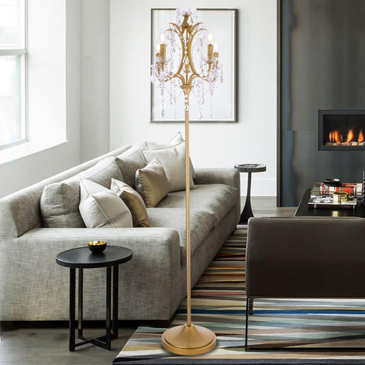 5-Light Farmhouse Tranditional Crystal Floor Lamp, Gold Craft Candelabra Lighting Fixture 65'' Tall for Living Room, Dining Room, Entryway, Bedroom