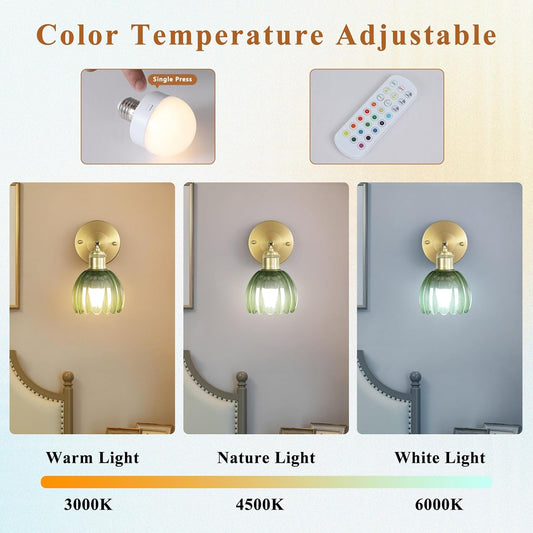 Vintage Battery Operated Wireless Wall Sconces, Rechargeable Gold Wall Lights, Green Tulip Glass Lampshad With Remote Dimmable Wall Lighting Indoor, Led Wall Lamp Fixtures For Bedroom, Living Room