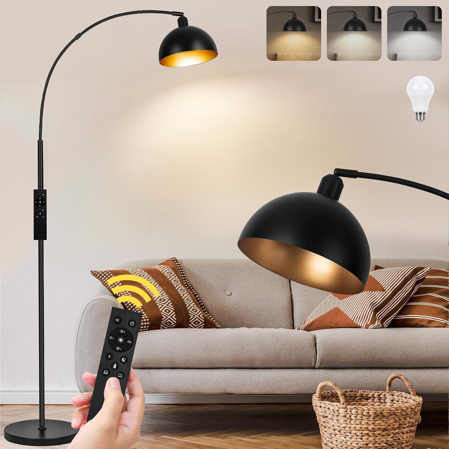 Black Arc Floor Lamps for Living Room - Dimmable Arched Floor Lamp with Remote Control & 2700-6000K 9W LED Bulb Included, Modern Arch Standing lamp, Industrial Tall Lamp for Bedroom Reading