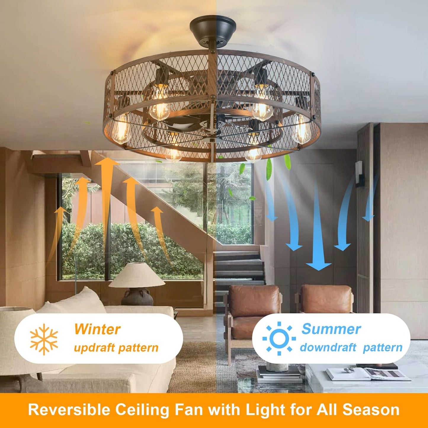 Outdoor Ceiling Fan with Light: 26" Caged Ceiling Fans with Remote App Control for Patio Kitchen Bedroom - Farmhouse Fandelier Flush Mount Lights Fixture Reversible 6 Speed Timer Walnut