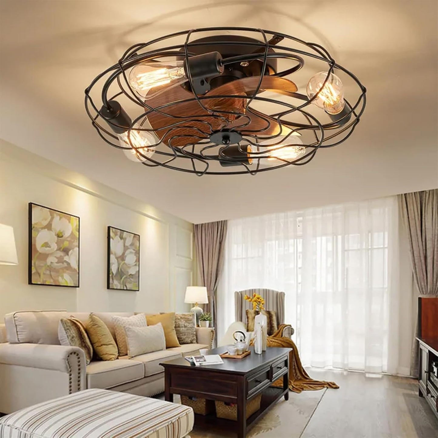 Caged Ceiling Fan Light with Remote, 21" Small Flush Ceiling Light with 3 Enclosed Blades and 6 Wind Speeds for Bedroom, Living Room