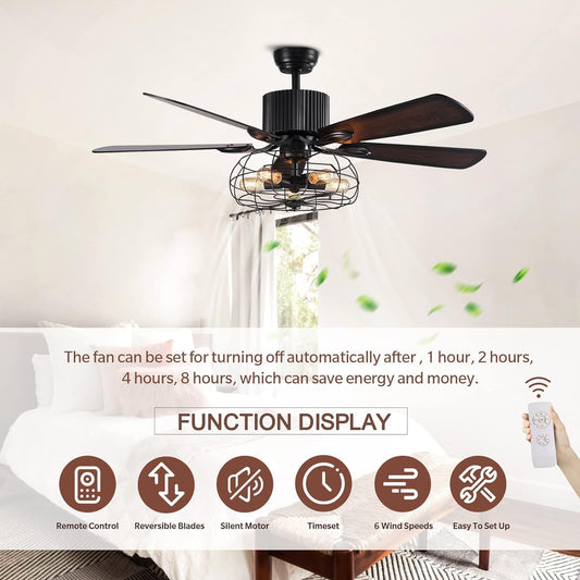 Industrial Caged Ceiling Fan Light with Remote Control 52 Inch Vintage Ceiling Fan Light Farmhouse Black Retro Indoor Fandelier with 5 Reversible Wood Blades for Living Room Bedroom
