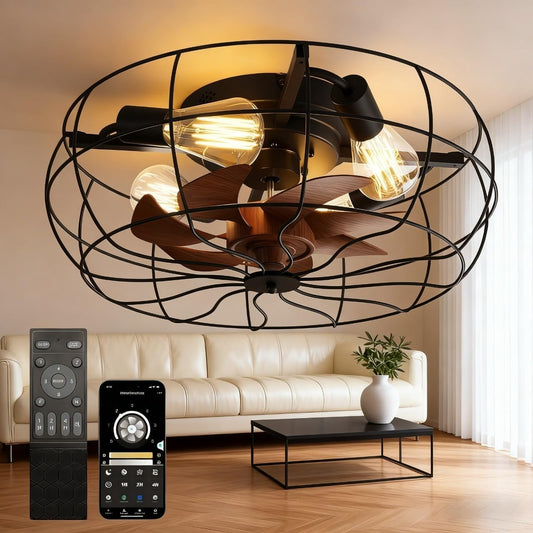 Caged Ceiling Fans with Lights, 20" Industrial Low Profile Fandelier with Remote and APP Control, Ultra Quiet 6 Wind Speed Small Farmhouse Ceiling Fan for Bedroom, Dining Room