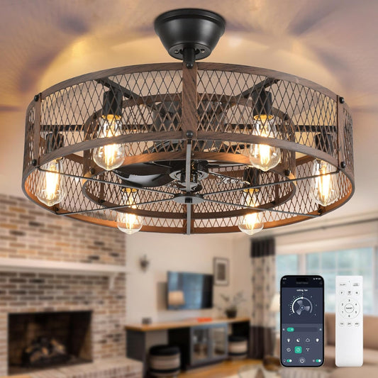 Outdoor Ceiling Fan with Light: 26" Caged Ceiling Fans with Remote App Control for Patio Kitchen Bedroom - Farmhouse Fandelier Flush Mount Lights Fixture Reversible 6 Speed Timer Walnut
