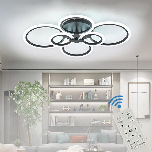 Modern Ceiling Light Fixture: Dimmable LED Flush Mount Ceiling Lamp - Black 31.4" Kitchen Ceiling Lights,6Rings Lighting Fixtures for Bedroom, Dining Living Room,Colors Change with Remote