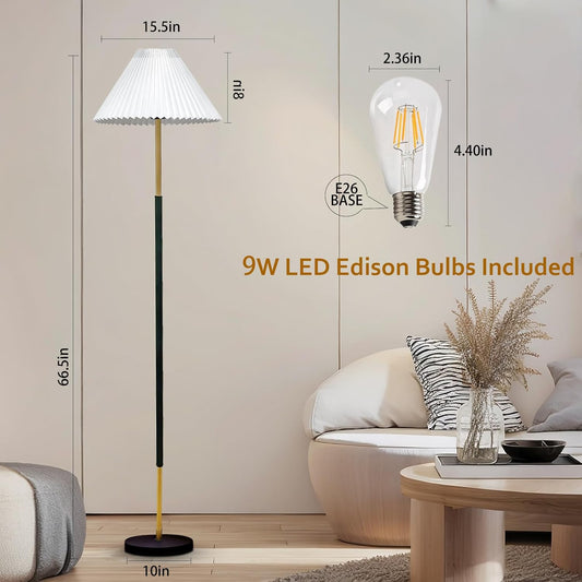 66''Floor Lamp,9W LED Edison Bulb Included Nordic Style Standing Lamp with Foot Switch and Pleated Shade, Tall Floor Lamp Reading for Living Room Bedroom Office Classroom Dorm Room