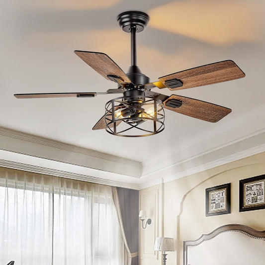 Ceiling Fans with Lights for Farmhouse: 42 Inch Caged Ceiling Fans 5 Blades - Industrial Ceiling Fan with Remote for Bedroom Living Room